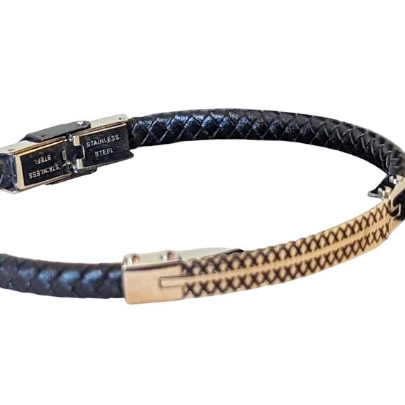 Unbranded Other - Men's Stainless Steel 6mm Black Leather Bracelet 8 1/2"